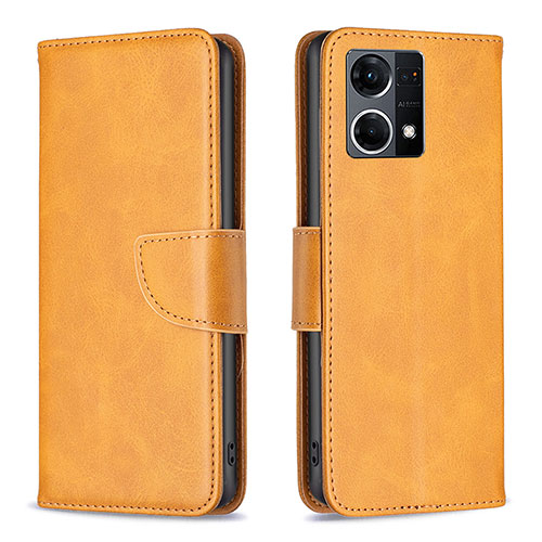 Leather Case Stands Flip Cover Holder B04F for Oppo Reno7 4G Light Brown