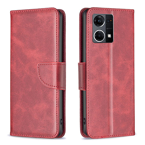 Leather Case Stands Flip Cover Holder B04F for Oppo Reno7 4G Red