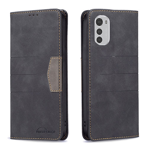 Leather Case Stands Flip Cover Holder B06F for Motorola Moto E32 Black