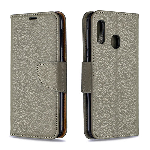 Leather Case Stands Flip Cover Holder B06F for Samsung Galaxy A20e Gray