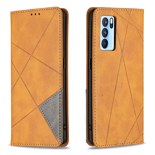 Leather Case Stands Flip Cover Holder B07F for Oppo Reno6 Pro 5G India Light Brown
