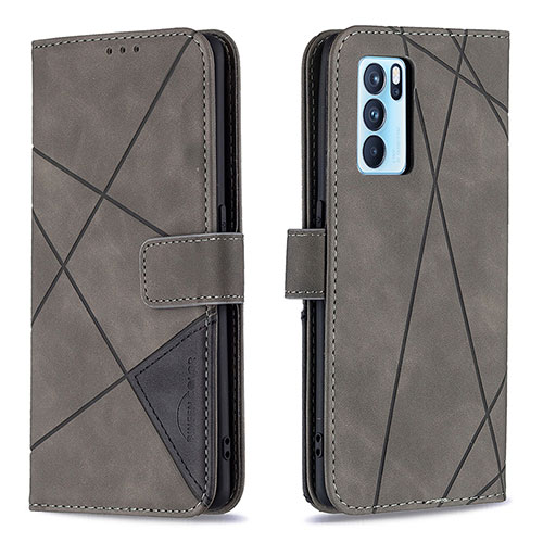 Leather Case Stands Flip Cover Holder B08F for Oppo Reno6 Pro 5G India Gray