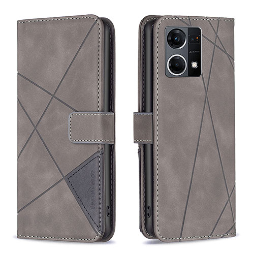 Leather Case Stands Flip Cover Holder B08F for Oppo Reno7 4G Gray