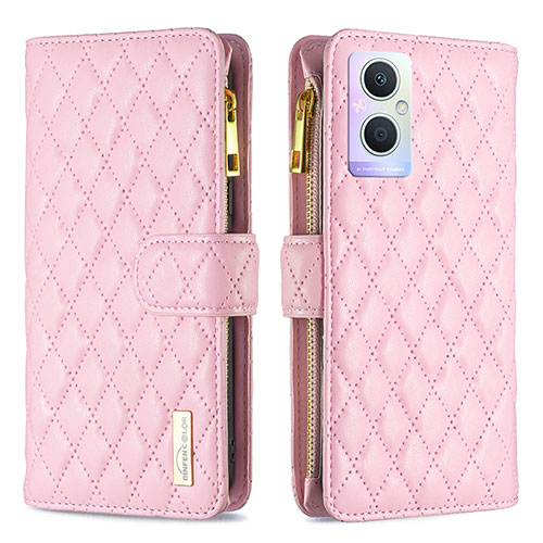 Leather Case Stands Flip Cover Holder B12F for Oppo Reno7 Lite 5G Rose Gold