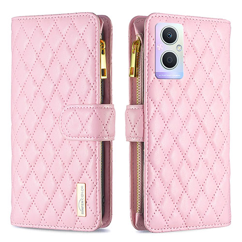 Leather Case Stands Flip Cover Holder B12F for Oppo Reno8 Lite 5G Rose Gold