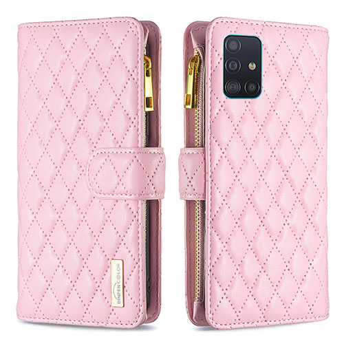 Leather Case Stands Flip Cover Holder B12F for Samsung Galaxy A51 5G Rose Gold