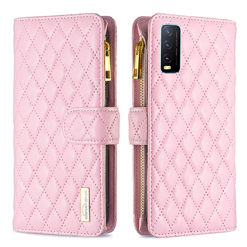 Leather Case Stands Flip Cover Holder B12F for Vivo Y20s Rose Gold