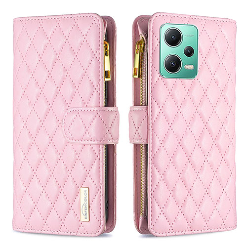 Leather Case Stands Flip Cover Holder B12F for Xiaomi Redmi Note 12 5G Rose Gold