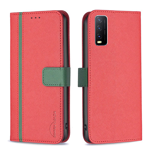 Leather Case Stands Flip Cover Holder B13F for Vivo Y12s Red