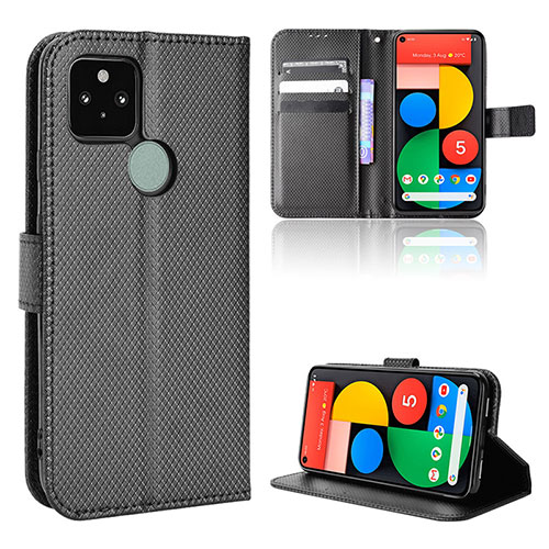 Leather Case Stands Flip Cover Holder BY1 for Google Pixel 5 Black