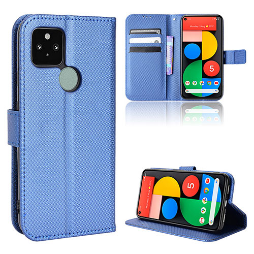 Leather Case Stands Flip Cover Holder BY1 for Google Pixel 5 Blue