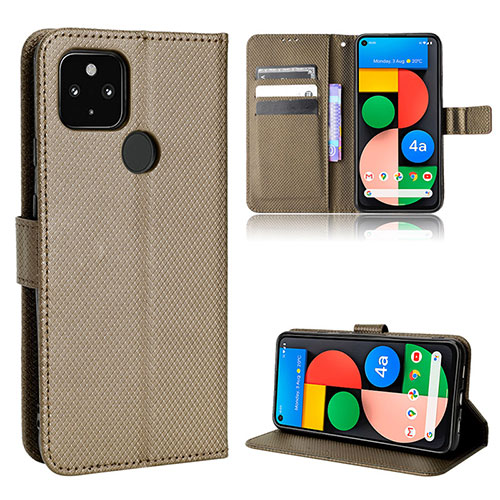 Leather Case Stands Flip Cover Holder BY1 for Google Pixel 5 XL 5G Brown