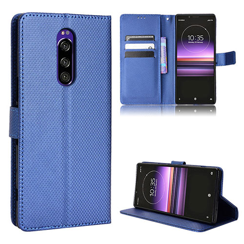 Leather Case Stands Flip Cover Holder BY1 for Sony Xperia 1 Blue