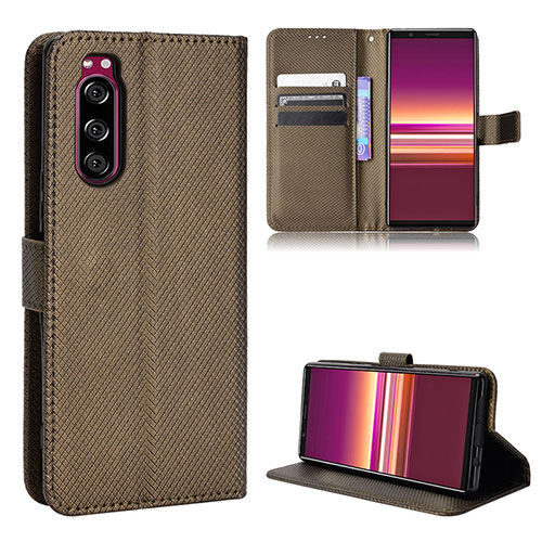 Leather Case Stands Flip Cover Holder BY1 for Sony Xperia 5 Brown