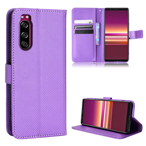 Leather Case Stands Flip Cover Holder BY1 for Sony Xperia 5 Purple