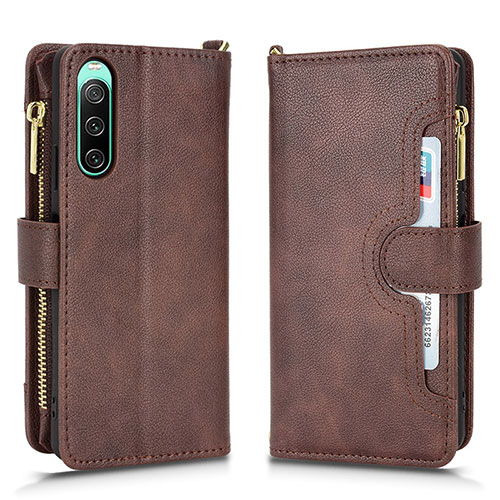 Leather Case Stands Flip Cover Holder BY2 for Sony Xperia 10 IV Brown