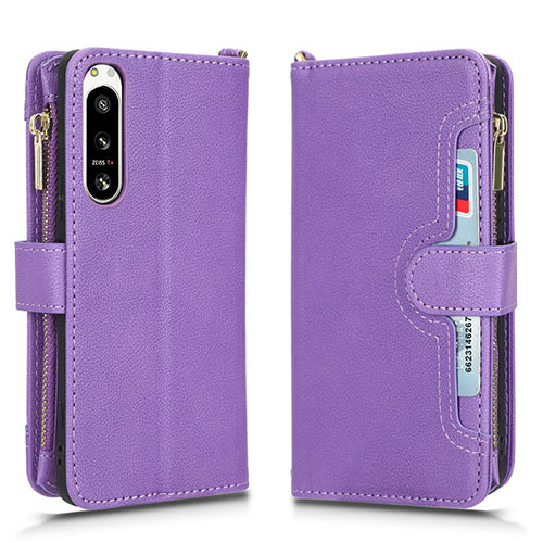 Leather Case Stands Flip Cover Holder BY2 for Sony Xperia 5 IV Purple