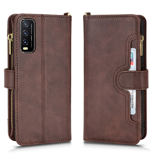 Leather Case Stands Flip Cover Holder BY2 for Vivo Y12s Brown