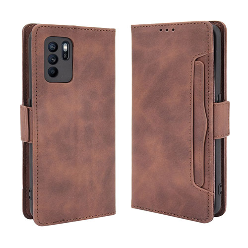 Leather Case Stands Flip Cover Holder BY3 for Oppo Reno6 Z 5G Brown
