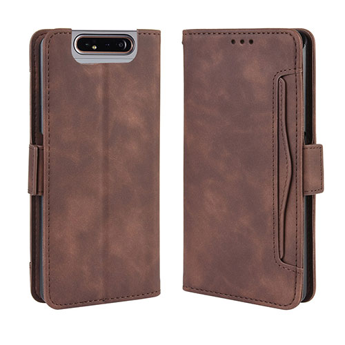 Leather Case Stands Flip Cover Holder BY3 for Samsung Galaxy A80 Brown
