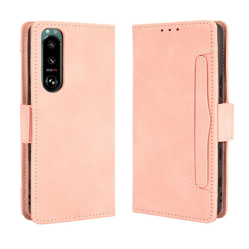 Leather Case Stands Flip Cover Holder BY3 for Sony Xperia 5 III Pink