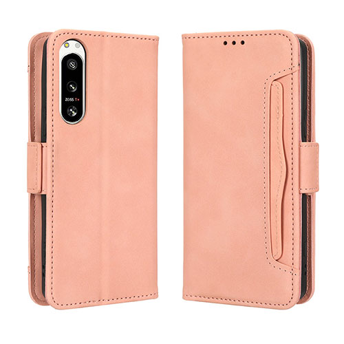 Leather Case Stands Flip Cover Holder BY3 for Sony Xperia 5 IV Pink