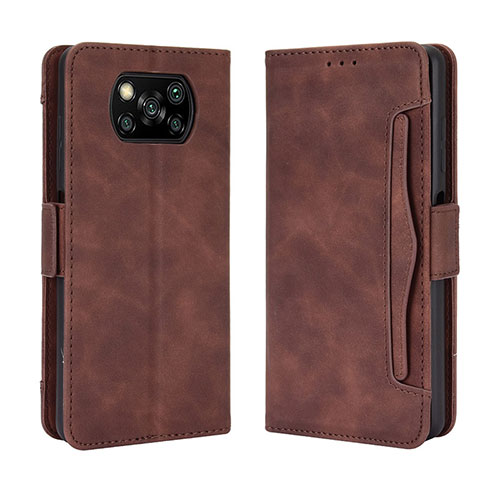 Leather Case Stands Flip Cover Holder BY3 for Xiaomi Poco X3 NFC Brown