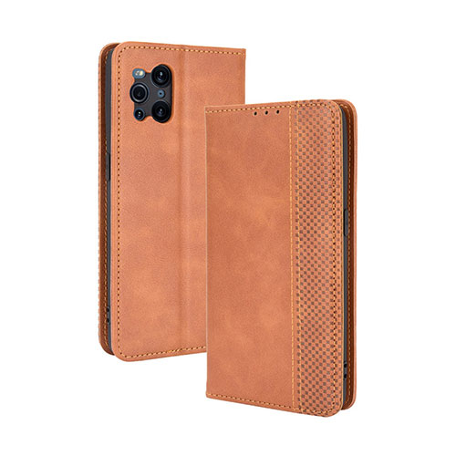 Leather Case Stands Flip Cover Holder BY4 for Oppo Find X3 Pro 5G Brown