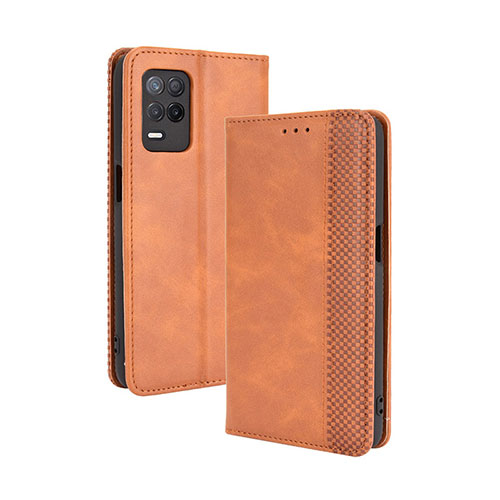 Leather Case Stands Flip Cover Holder BY4 for Realme 9 5G India Brown