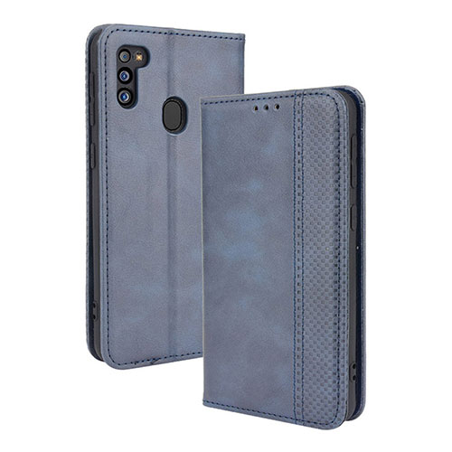 Leather Case Stands Flip Cover Holder BY4 for Samsung Galaxy M21 (2021) Blue