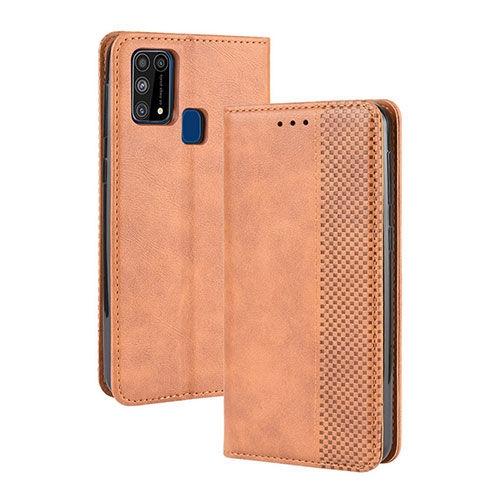 Leather Case Stands Flip Cover Holder BY4 for Samsung Galaxy M31 Brown