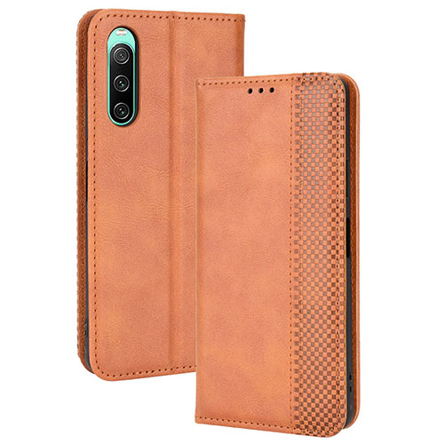 Leather Case Stands Flip Cover Holder BY4 for Sony Xperia 10 IV Brown