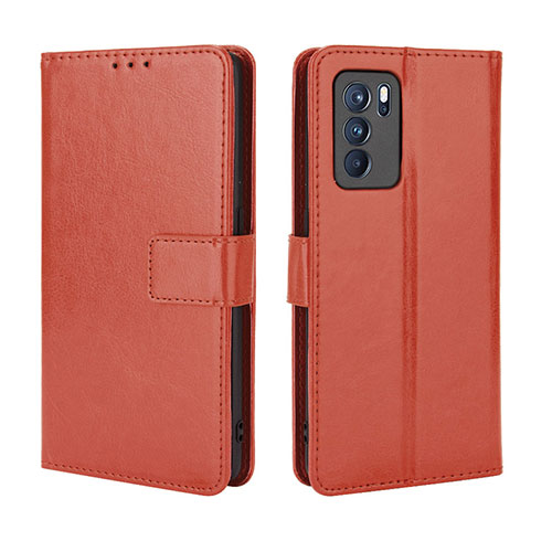 Leather Case Stands Flip Cover Holder BY5 for Oppo Reno6 Pro 5G India Brown