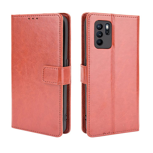 Leather Case Stands Flip Cover Holder BY5 for Oppo Reno6 Z 5G Brown