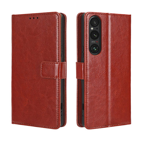 Leather Case Stands Flip Cover Holder BY5 for Sony Xperia 1 V Brown