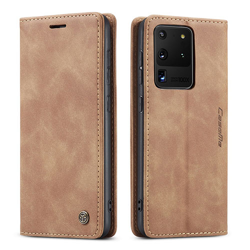 Leather Case Stands Flip Cover Holder C01S for Samsung Galaxy S20 Ultra 5G Light Brown