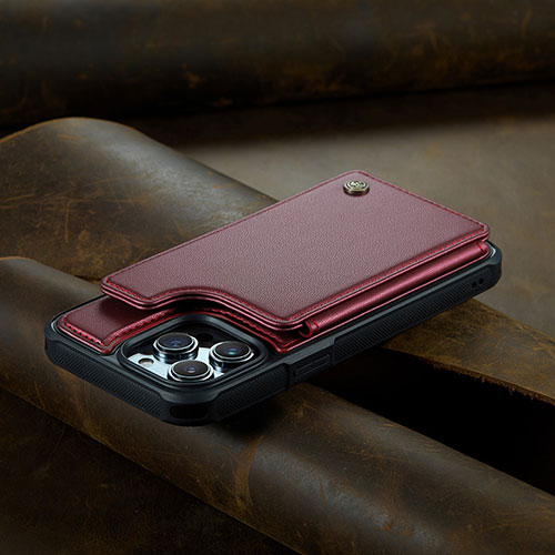 Leather Case Stands Flip Cover Holder C02S for Apple iPhone 14 Pro Max Red Wine