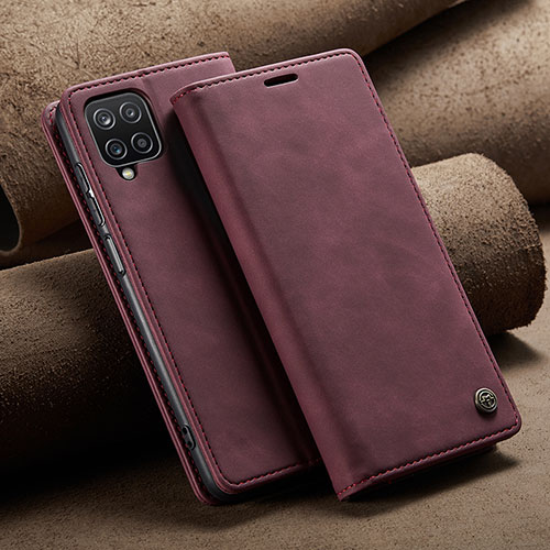 Leather Case Stands Flip Cover Holder C02S for Samsung Galaxy A12 Nacho Red Wine