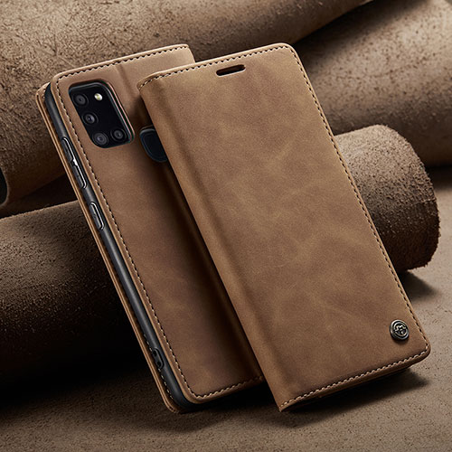 Leather Case Stands Flip Cover Holder C02S for Samsung Galaxy A21s Light Brown