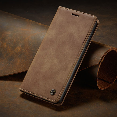 Leather Case Stands Flip Cover Holder C02S for Samsung Galaxy A42 5G Light Brown