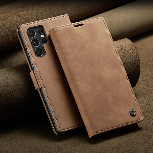Leather Case Stands Flip Cover Holder C10S for Samsung Galaxy S21 Ultra 5G Light Brown