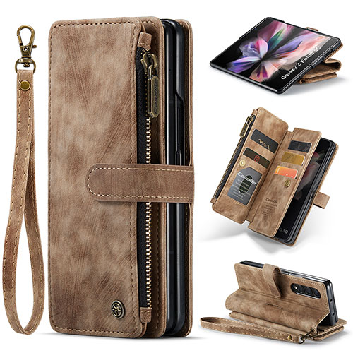 Leather Case Stands Flip Cover Holder CS1 for Samsung Galaxy Z Fold3 5G Brown