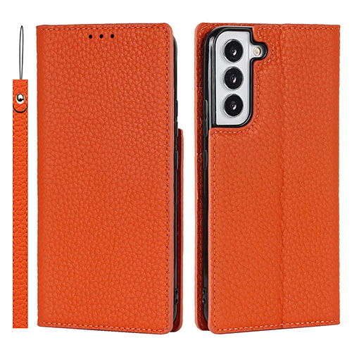 Leather Case Stands Flip Cover Holder D01T for Samsung Galaxy S21 FE 5G Orange