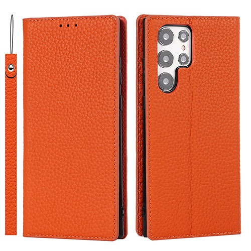 Leather Case Stands Flip Cover Holder D01T for Samsung Galaxy S22 Ultra 5G Orange