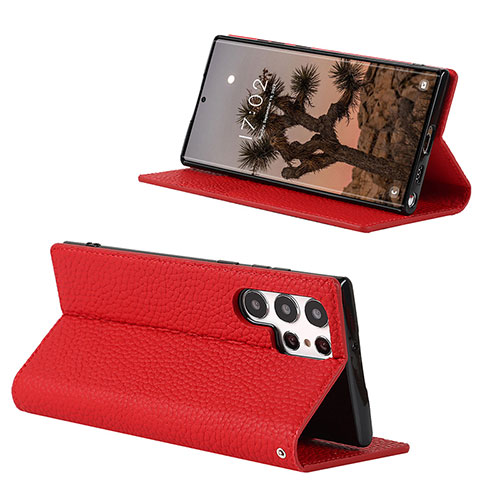Leather Case Stands Flip Cover Holder D02T for Samsung Galaxy S21 Ultra 5G Red