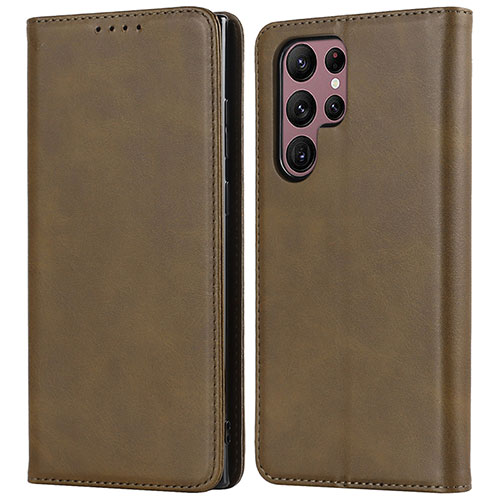 Leather Case Stands Flip Cover Holder D03T for Samsung Galaxy S21 Ultra 5G Khaki