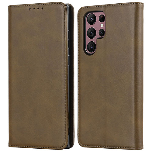 Leather Case Stands Flip Cover Holder D03T for Samsung Galaxy S22 Ultra 5G Khaki