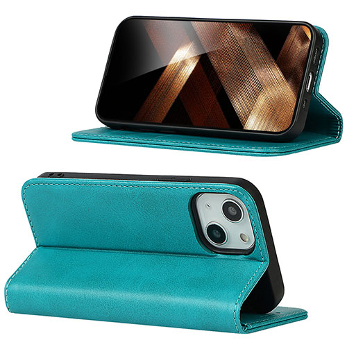 Leather Case Stands Flip Cover Holder D05T for Apple iPhone 13 Cyan