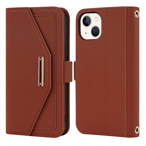 Leather Case Stands Flip Cover Holder D07T for Apple iPhone 14 Plus Brown