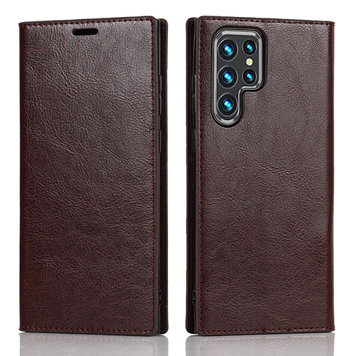 Leather Case Stands Flip Cover Holder D07T for Samsung Galaxy S21 Ultra 5G Brown